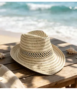 Gros plan détaillé d'un chapeau de cowboy en paille tissée sur une table en bois.