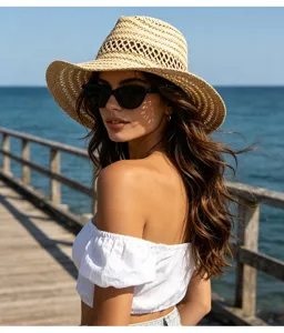 Chapeau de paille ajouré fait main à large bord, idéal pour les vacances à la plage et extérieur.