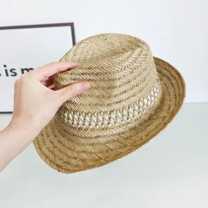 Chapeau de soleil creux tissé en paille pour homme plage extérieure fedora bord large été