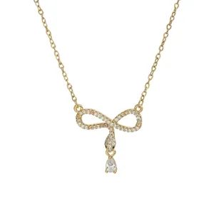 Gold plated micro-pave zircon clavicle chain, niche design bowknot necklace, exquisite versatile jewelry.