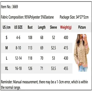 Women fashion leopard print patchwork crewneck loose sweatshirt size chart and specs.