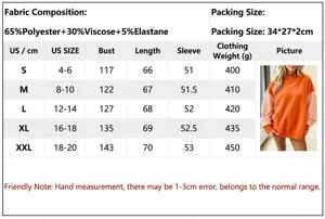 Tabla de tallas y especificaciones detalladas de tela para la sudadera de felpa de mujer.