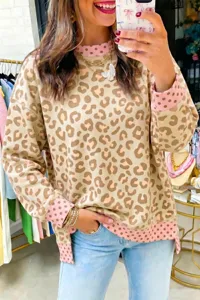 Leopard print colorblock sweatshirt with pink polka dot trim, casual crewneck top for women.