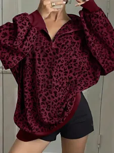 Donna Felpa Stampa Leopardata Mezza Zip Casual Manica Lunga Colletto Polo Pullover