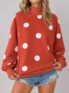 Mujer cuello alto lunares manga larga sudadera holgada top casual vista detalle.