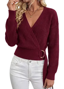 Detail view of women's burgundy v-neck knit sweater with metal ring belt for autumn and winter.