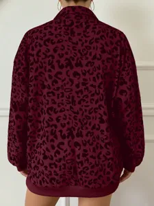 Donna felpa casual bordeaux stampa leopardato risvolto top autunno inverno abbigliamento