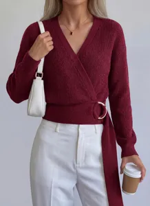 Women's V-neck wrap knitted sweater autumn winter long sleeve top with metal ring detail