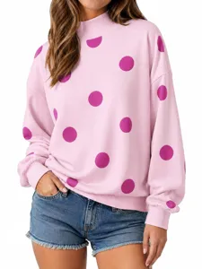 Sudadera de mujer cuello alto manga larga con lunares estilo casual holgado rosa top