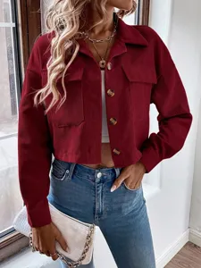Damen rote Kordsamt kurze Jacke mit Revers langarm Knopfleiste Freizeit Hemd Mantel Neu