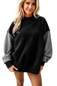 Sudadera de felpa holgada con cuello alto y retazos de cuadros para mujer otoño invierno