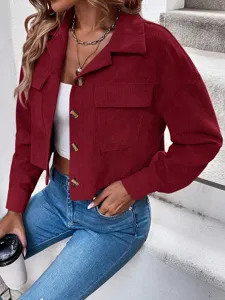 Damen Freizeit Cord cropped Jacke Langarm einreiher Revers Hemd Oberbekleidung stylisch.