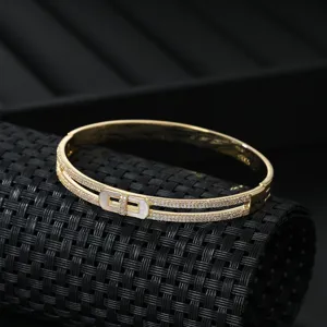 Gold double-row paved zircon bangle with natural shell clasp, elegant luxury women jewelry.