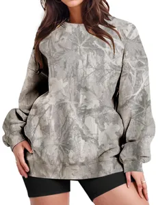 Casual women's gray tree branch camo crewneck sweatshirt, loose fit autumn daily wear.