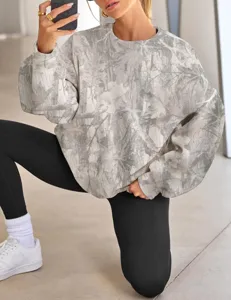 Women's Tree Branch Camo Print Crewneck Casual Loose Long Sleeve Pullover Sweatshirt Top.