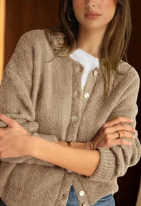 Long sleeve button knit cardigan sweater with crewneck design for women daily wear style detail