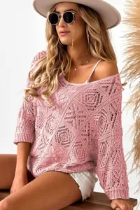 Women V-Neck Hollow Out Loose Half Sleeve Sweater Summer Beach Cover Up Top Pink Color
