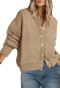 Womens knitted cardigan solid color button down crewneck long sleeve sweater top casual chic