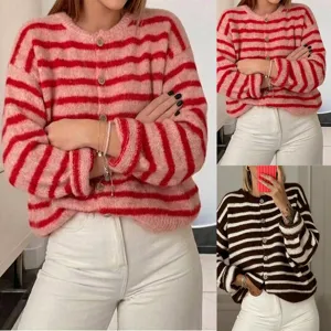 Women's Casual Striped Long Sleeve Knitted Cardigan Crew Neck Single Breasted Button Sweater Coat Outerwear