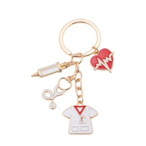 Medical theme keychain detail view, nurse doctor enamel metal keyring charms pendant.