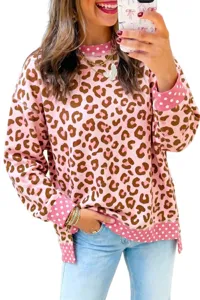 Women fall casual crewneck sweatshirt pink leopard print colorblock long sleeve top