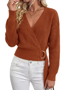 Women fall winter V-neck knit sweater featuring chic wrap design and metal ring buckle detail.