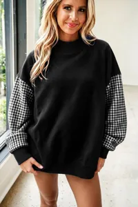 Mujer Cuello Alto Patchwork Cuadros Forro Polar Sudadera, Casual Suelta Manga Top.