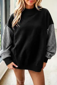 Sudadera oversize cuello alto patchwork cuadros felpa para mujer estilo de invierno.