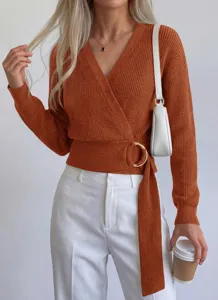 Cross-border autumn winter women's fashion V-neck knit sweater with metal ring belt detail