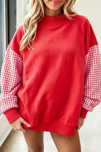 Sudadera de felpa roja para mujer con mangas largas a cuadros y cuello alto.