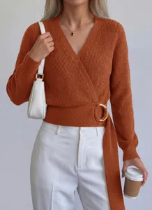 Women Fall V-Neck Knit Sweater Fashion Metal Ring Wrap Pullover Chic Long Sleeve Top
