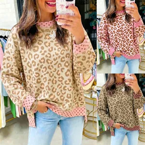 Women Casual Crew Neck Long Sleeve Sweatshirt Leopard And Polka Dot Color Block Loose Pullover Fashion Top