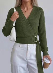 Green V-neck knit sweater featuring a stylish metallic ring wrap detail and long sleeves.