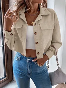 Modische Damen Cord Cropped Jacke mit Revers und langen Aermeln fuer Herbst Alltag.