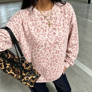 Femme Rose Imprimé Léopard Col Rond Sweatshirt Manches Longues Casual Ample Pull