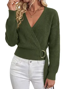 Women's army green V-neck wrap knit sweater with stylish metal ring belt, cozy autumn top.