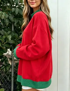 Mujer sudadera roja navidad puntos verdes capas manga larga holgada casual superior