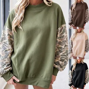 Dames Casual Losse Half Hoge Hals Gesplitste Kleurblok Camouflage Fleece Sweatshirt Langarm Pullover Top