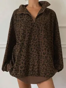 Donna felpa stampa leopardo mezza zip in velluto a coste top largo casual con risvolto