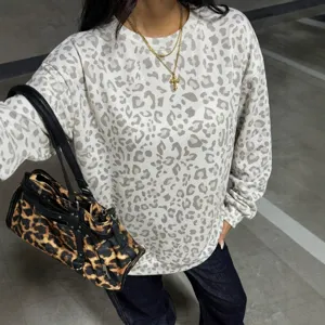 Sweatshirt col rond imprimé léopard femme décontracté manches longues haut ample