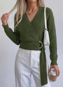 Close-up of the stylish V-neck knit sweater featuring an elegant wrap design and metal ring belt.