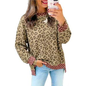 Women casual crewneck sweatshirt featuring leopard print and pink polka dot patchwork design.