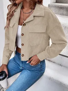Damen Cordjacke Langarm Knopfleiste Revers Freizeit Hemd Oberteil fur Herbst Outwear