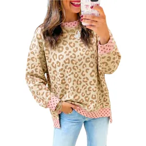 Casual leopard print sweatshirt with contrast polka dot trim, comfortable long sleeve pullover.