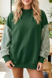 Sudadera verde de cuello alto con mangas de cuadros, jersey polar holgado de otoño.