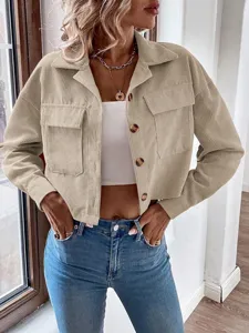 Damen khaki Kord Kurzjacke, langarm Revers Knopfleiste Oberbekleidung Detailansicht.