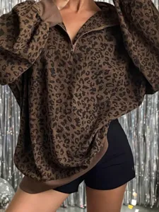 Felpa leopardata con mezza zip, pullover oversize casual a maniche lunghe da donna.