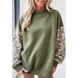 Casual fleece sweatshirt met opstaande kraag en camouflage mouwen voor dames herfst