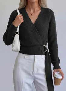 Detail view of the stylish women's V-neck knit sweater with a metal ring buckle in dark grey.