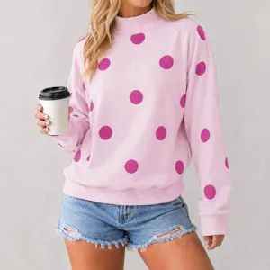 Sudadera mujer rosa cuello alto manga larga lunares estilo casual holgado top moda.